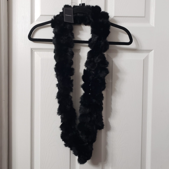 Marcus Adler Womens Rabbit Fur Pom Pom Scarf Black Infinity Fur Neck Warmer NWT - Picture 2 of 8
